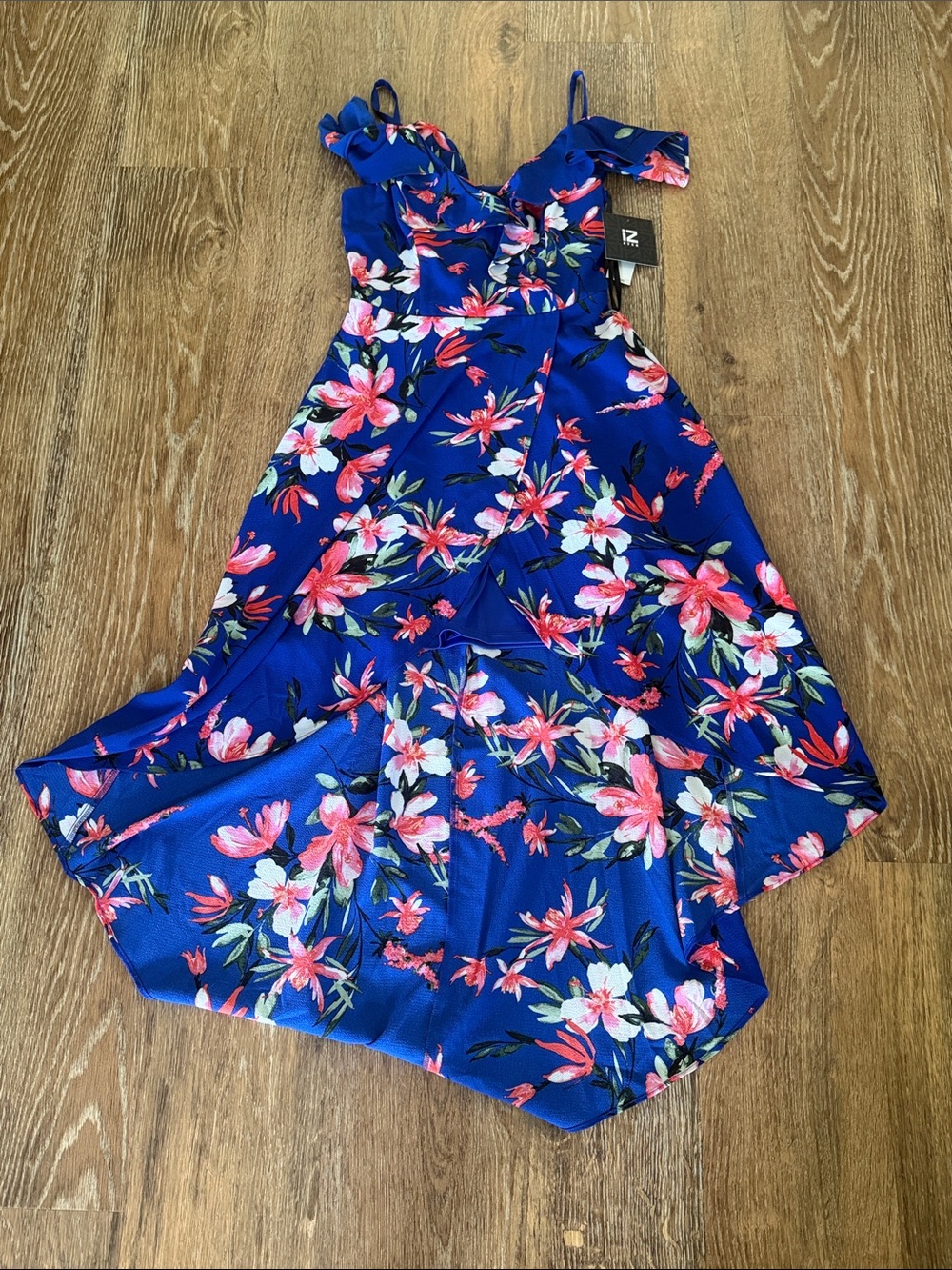 Iz Byer Royal Blue Floral Ruffled Midi Dress
